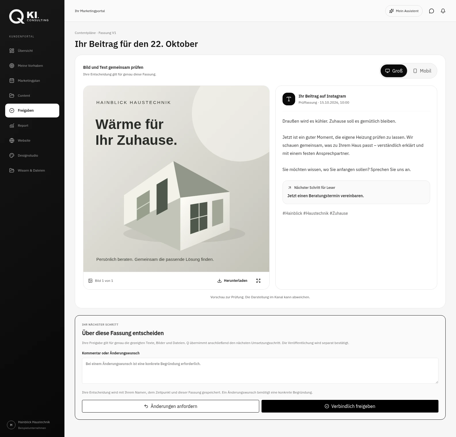 Vollständige fiktive Freigabeansicht im Q AI Marketingsystem mit Portalnavigation, Prüfansicht und Entscheidung