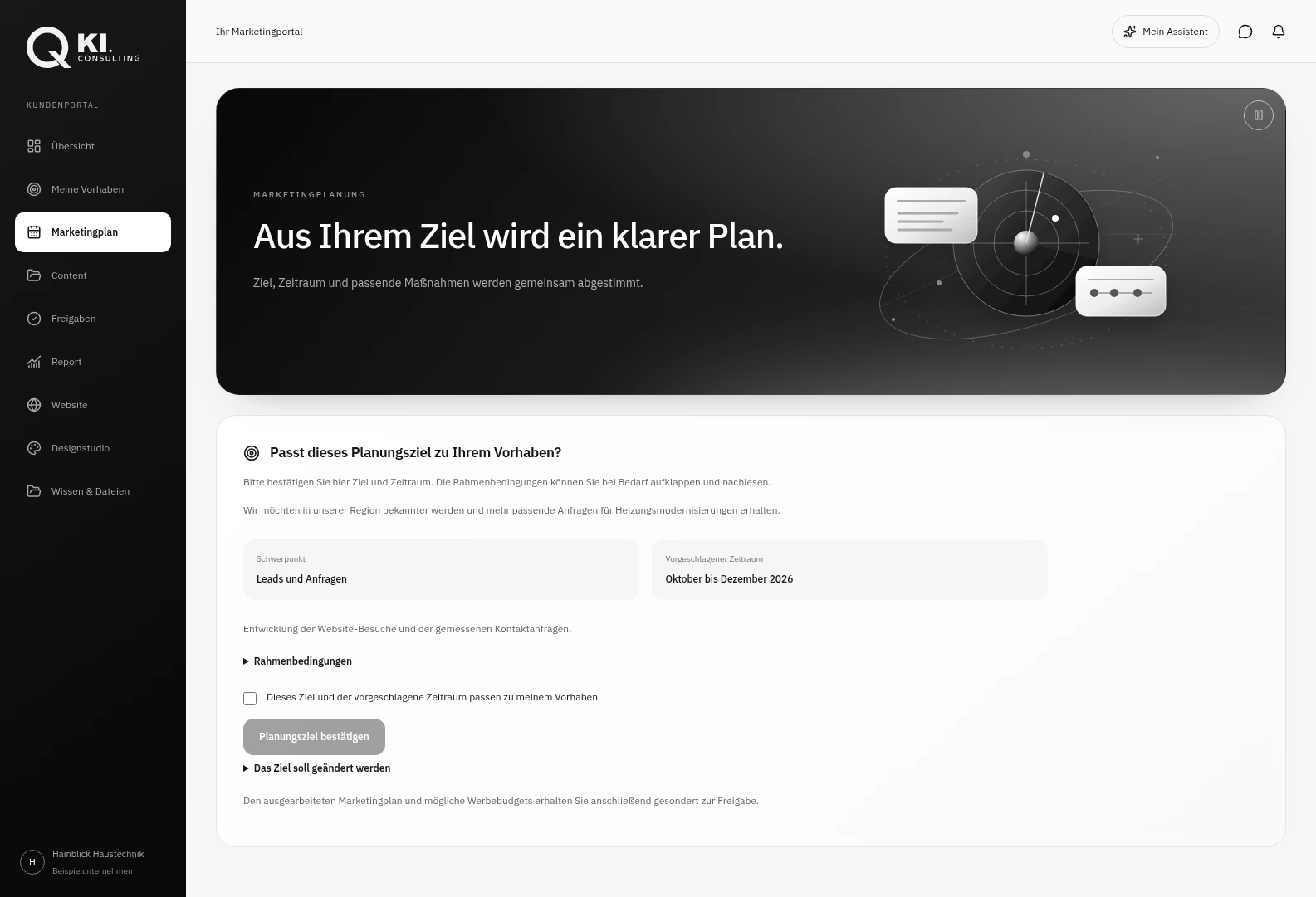 Vollständige fiktive Marketingplanung im Q AI Marketingsystem mit Navigation, Ziel, Zeitraum und Maßnahmen