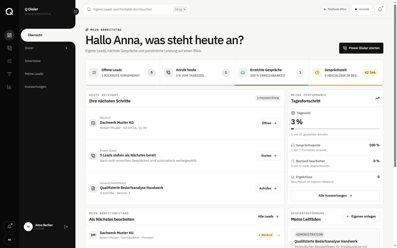 Persönliche Q Dialer Arbeitsübersicht mit Prioritäten, Rückrufen und Tagesfortschritt