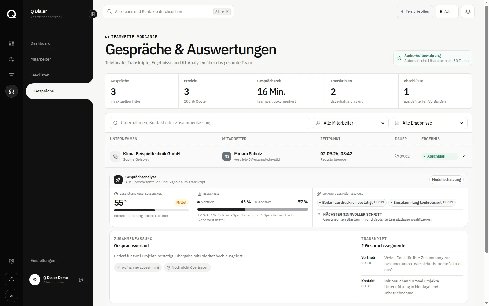 Q Dialer Gesprächsauswertung mit Kennzahlen, Gesprächssignalen, Zusammenfassung und Transkript