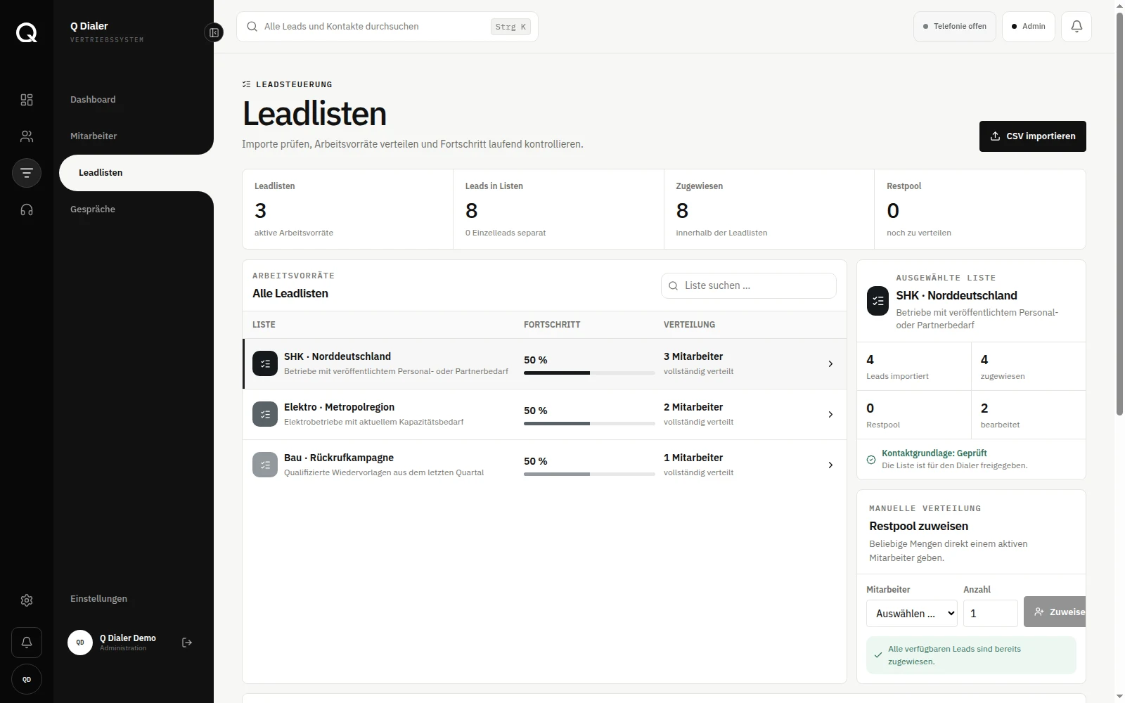 Q Dialer Leadlistenverwaltung mit Arbeitsvorräten, Zuweisungen und Listenfortschritt