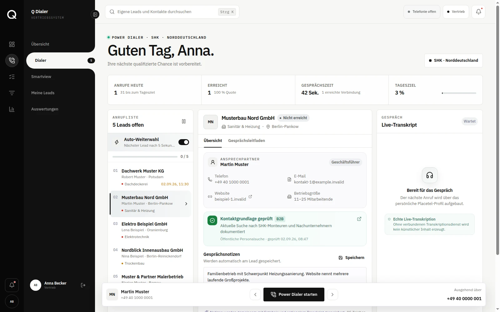 Power-Dialer mit priorisierter Anrufliste, Leadprofil, Gesprächsnotizen und Anrufsteuerung