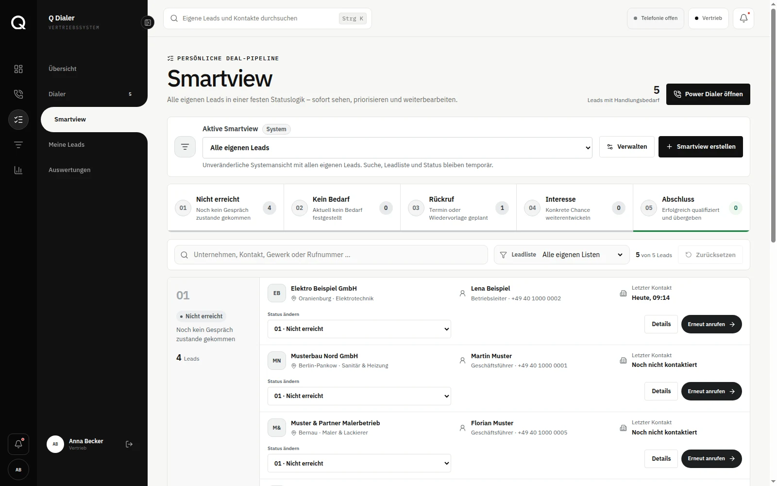 Q Dialer Smartview mit gefilterten Leads in einer fünfstufigen Statuslogik