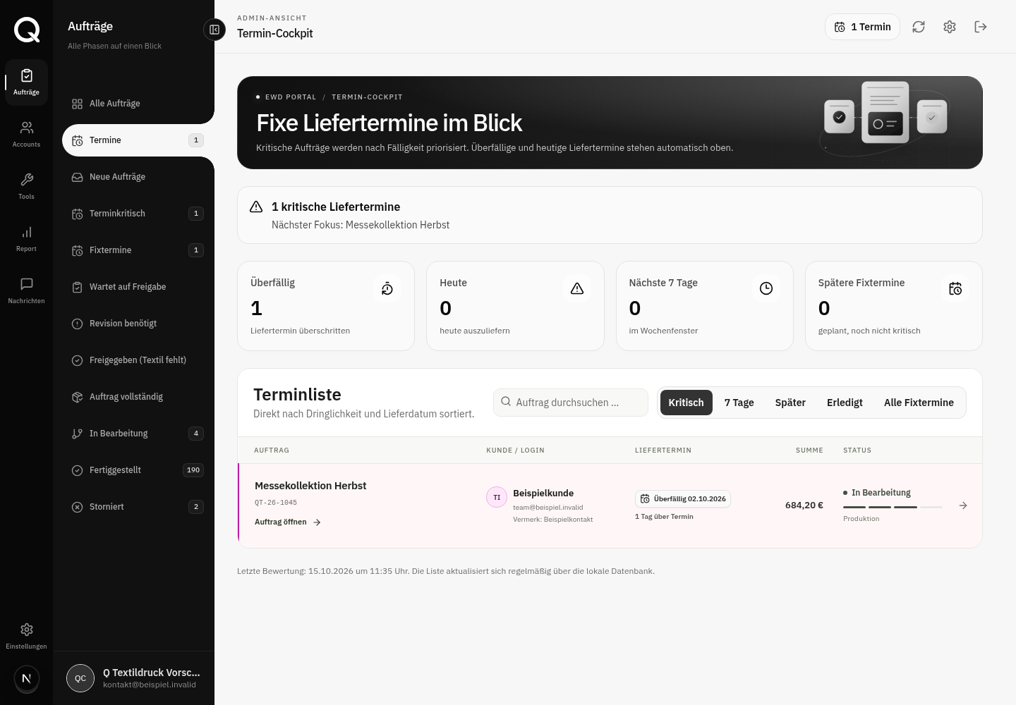 Termincockpit von Q Textildruck mit kritischen Aufträgen, Zeitfenstern und priorisierter Terminliste