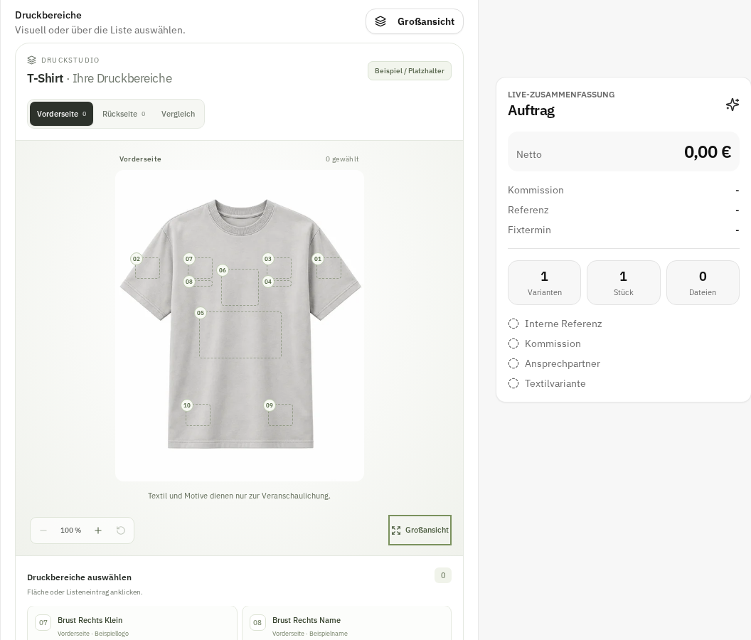 Druckstudio von Q Textildruck mit Textilansicht, auswählbaren Druckpositionen und Auftragszusammenfassung